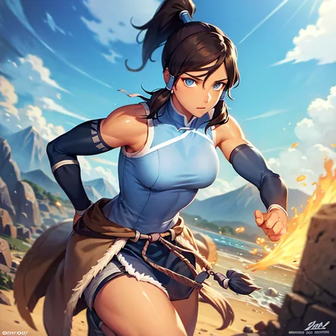 korra, dark skin, dark-skinned female, ponytail, muscular female, high quality, detailed, high resolution,