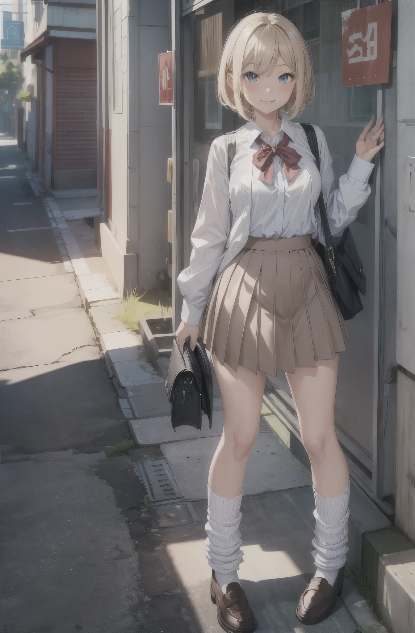 Anime girl in school uniform standing on a sidewalk in front of a building  - SeaArt AI