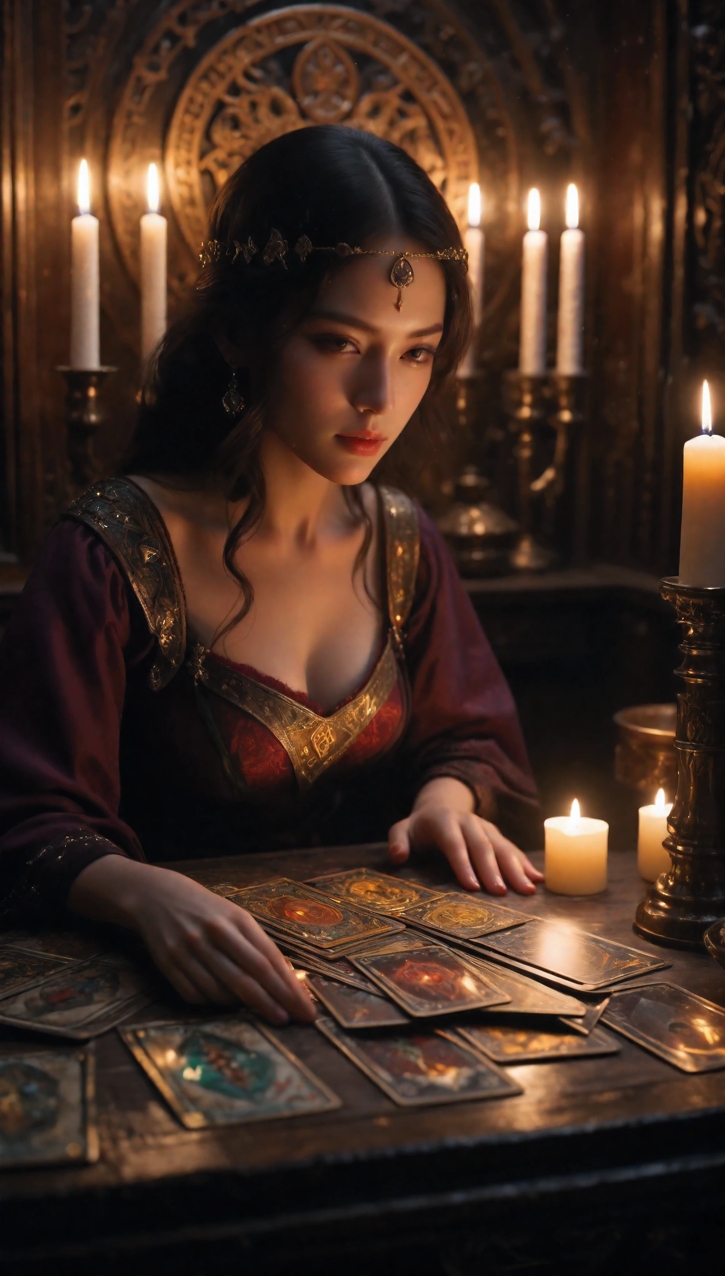 ((Masterpiece in maximum 16K resolution):1.6),((soft_color_photograpy:)1.5), ((Ultra-Detailed):1.4),((Movie-like still images and dynamic angles):1.3). | (Macro shot cinematic photo of Tarot Cards at Tarot table), (Fortune teller reading Tarot card), (Fortune teller room), (macro lens), (Fortune teller ornaments), (Dark Candles), (luminous object), (Mysterious atmosphere), (shimmer), (aesthetic DnD vase), (visual experience),(Realism), (Realistic),award-winning graphics, dark shot, film grain, extremely detailed, Digital Art, rtx, Unreal Engine, scene concept anti glare effect, All captured with sharp focus. | Rendered in ultra-high definition with UHD and retina quality, this masterpiece ensures anatomical correctness and textured skin with super detail. With a focus on high quality and accuracy, this award-winning portrayal captures every nuance in stunning 16k resolution, immersing viewers in its lifelike depiction. | ((perfect_composition, perfect_design, perfect_layout, perfect_detail, ultra_detailed)), ((enhance_all, fix_everything)), More Detail, Enhance.