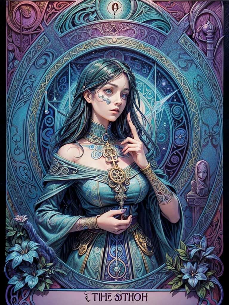 A girl holding tarot cards, surrounded by symbols of life and death, with detailed illustrations on the cards. The girl has piercing, detailed eyes and expressive lips, adding depth to her facial features. The tarot cards are carefully designed with intricate patterns and vivid colors, giving them a mystical aura. The illustrations on the cards depict various symbols of life, such as blooming flowers and vibrant landscapes, as well as symbols of death, such as skulls and dark, haunting imagery. The girl is positioned in a thoughtful, contemplative pose, emphasizing the importance of introspection and self-discovery. The overall scene is bathed in soft, ethereal lighting, creating an otherworldly atmosphere. The medium used to create this artwork is a combination of traditional illustration and digital rendering, resulting in a visually stunning masterpiece. The image quality is of the highest caliber, with ultra-detailed elements and realistic rendering. The colors are rich and vibrant, adding depth and visual interest to the composition. The prompts include keywords like "tarot cards," "symbols," "life and death," "detailed illustrations," "mystical aura," "intricate patterns," "vivid colors," "introspection," "self-discovery," "soft lighting," "ethereal atmosphere," "traditional illustration," "digital rendering," "visually stunning," "masterpiece," "ultra-detailed," "realistic rendering," and "rich and vibrant colors."