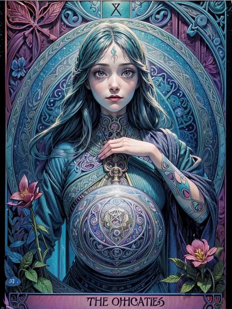 A girl holding tarot cards, surrounded by symbols of life and death, with detailed illustrations on the cards. The girl has pier...