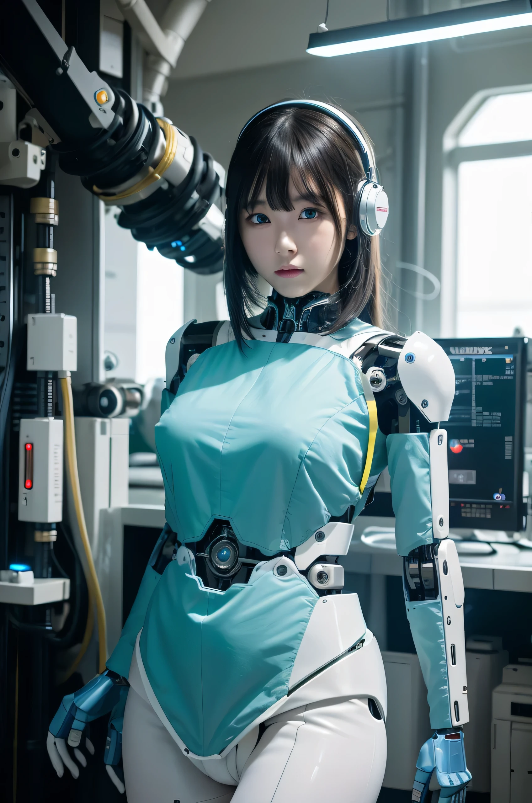 masterpiece, Best Quality, Extremely detailed, 8K Portrait,Japanese android girl,Plump ,control panels,android,Droid,Mechanical Hand, ,Robot arms and legs, Black hair,Mechanical body,Blunt bangs,White Robotics Parts,perfect robot woman,Charging spot,She is charging now,ceramic body ,Mechanical body, mechanical ear covers,android,robot humanoid,pantiy,Perfect machine body,White robot body,The laboratory of the future,android factory,mechanical ear covers,White and light blue uniform,light blue accent costume,darkblack tights,green eyes