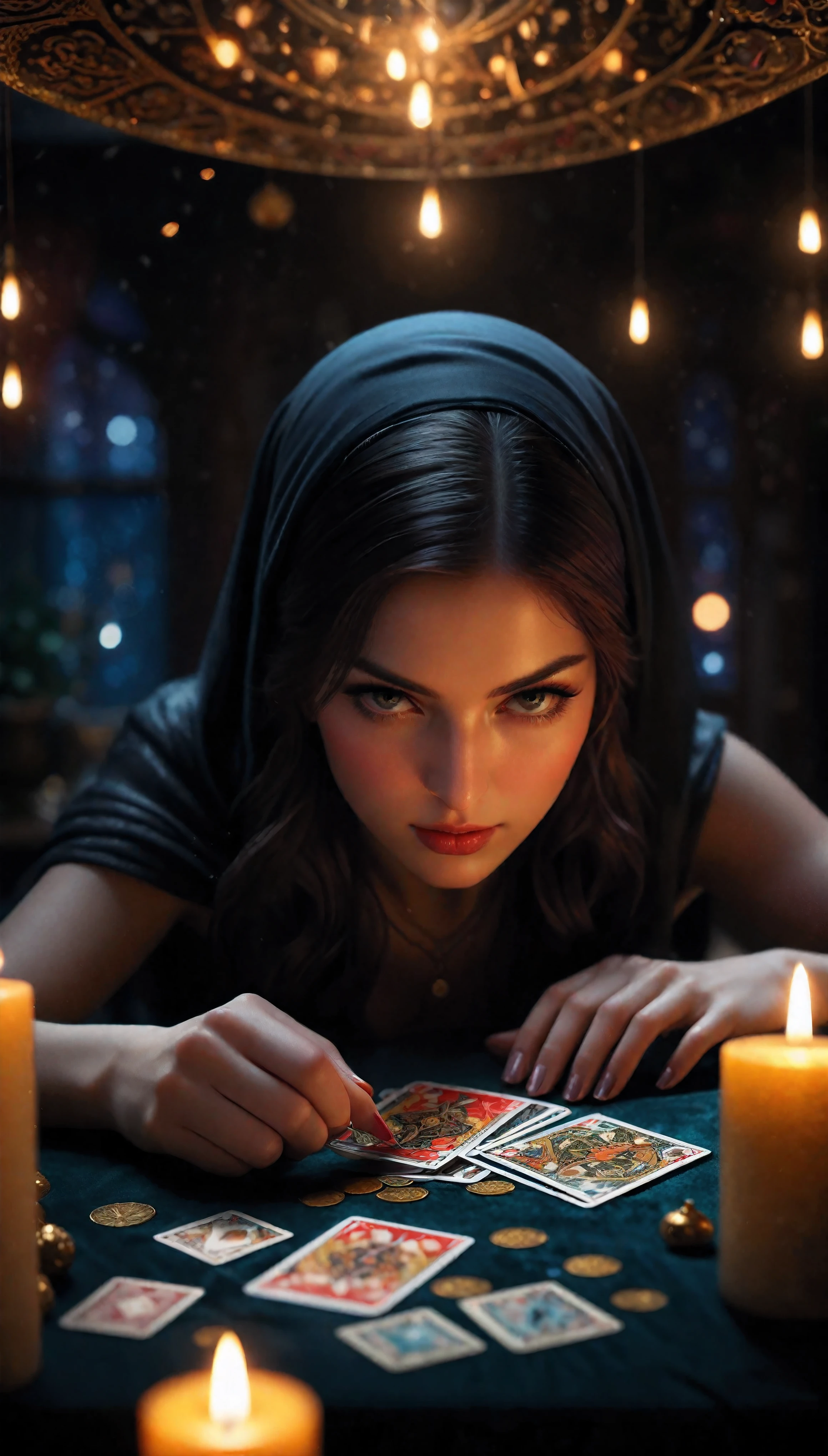 ((Masterpiece in maximum 16K resolution):1.6),((soft_color_photograpy:)1.5), ((Ultra-Detailed):1.4),((Movie-like still images and dynamic angles):1.3). | (Macro shot cinematic photo of Tarot Cards at Tarot table), (Fortune teller reading Tarot card), (Fortune teller room), (focus on tarot cards), (macro lens), (Fortune teller ornaments), (Dark Candles), (luminous object), (Mysterious atmosphere), (shimmer), (aesthetic DnD vase), (visual experience),(Realism), (Realistic),award-winning graphics, dark shot, film grain, extremely detailed, Digital Art, rtx, Unreal Engine, scene concept anti glare effect, All captured with sharp focus. | Rendered in ultra-high definition with UHD and retina quality, this masterpiece ensures anatomical correctness and textured skin with super detail. With a focus on high quality and accuracy, this award-winning portrayal captures every nuance in stunning 16k resolution, immersing viewers in its lifelike depiction. | ((perfect_composition, perfect_design, perfect_layout, perfect_detail, ultra_detailed)), ((enhance_all, fix_everything)), More Detail, Enhance.