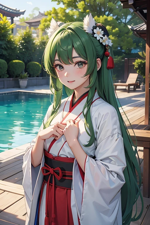 hanfu, (ru_qun), tree, piscina, cabelo branco, olhos verdes, nahida_genshin, , obra de arte, Melhor qualidade