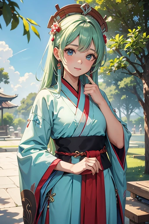 hanfu, (ru_qun), tree, piscina, cabelo branco, olhos verdes, nahida_genshin, , obra de arte, Melhor qualidade