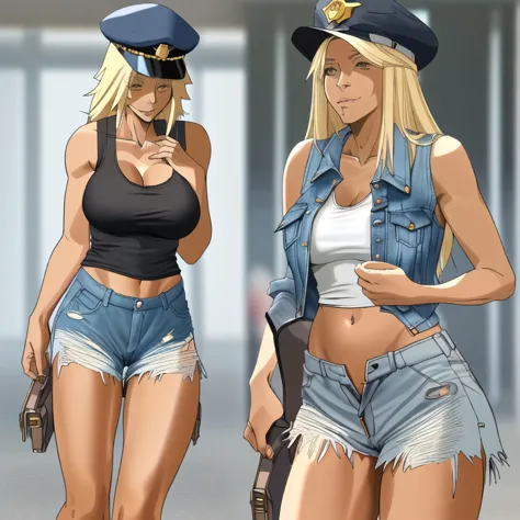 One beautiful woman, mature woman, long blonde hair, black police hat, white tank top, exposed navel, ripped denim shorts, crotc...
