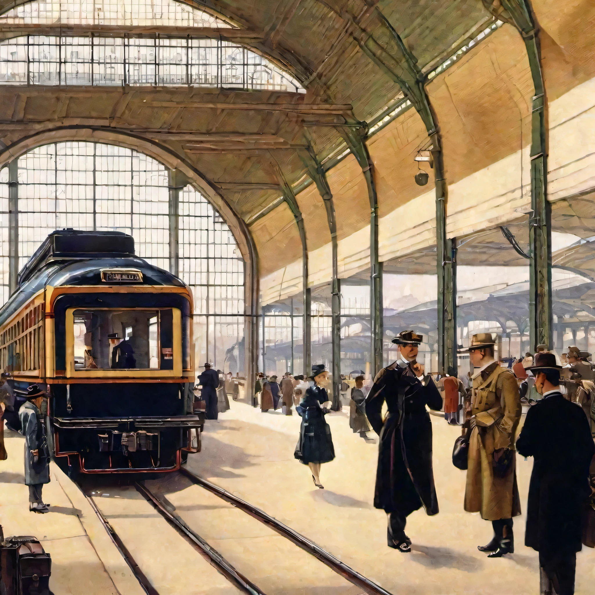 araffes and people are walking around a train station with a train, dieselpunk railway station, 1910s paris, by Albert Keller, Bela Tarr, by Albert Nemethy, 188216907, by Rudolf Freund, by Bernáth Aurél, central station in sydney, iralki nadar