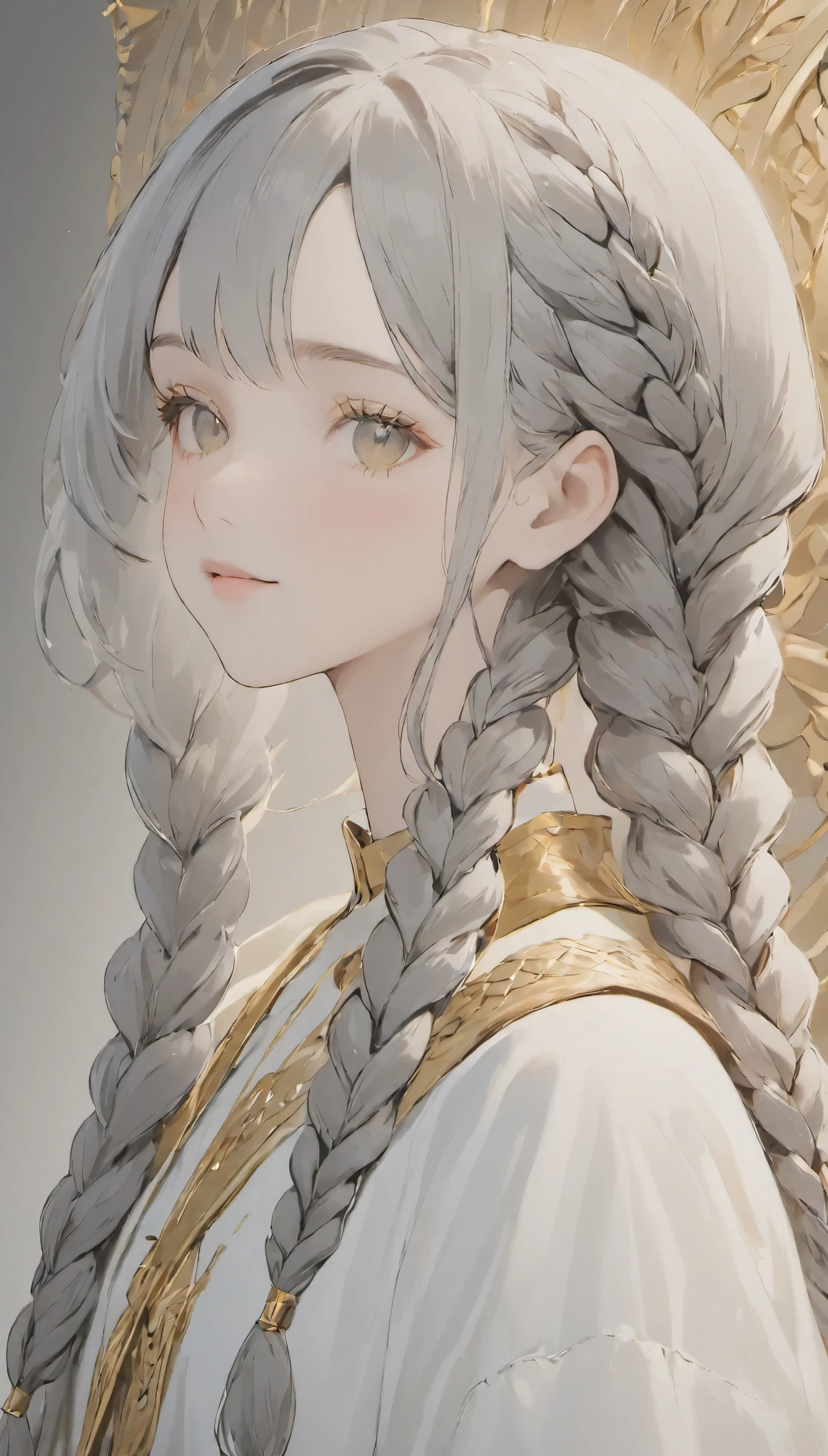 highest quality, masterpiece,gray hair, gold eyes,white clothes, look up, Upper body,hair bundle,Fair skin,side braids