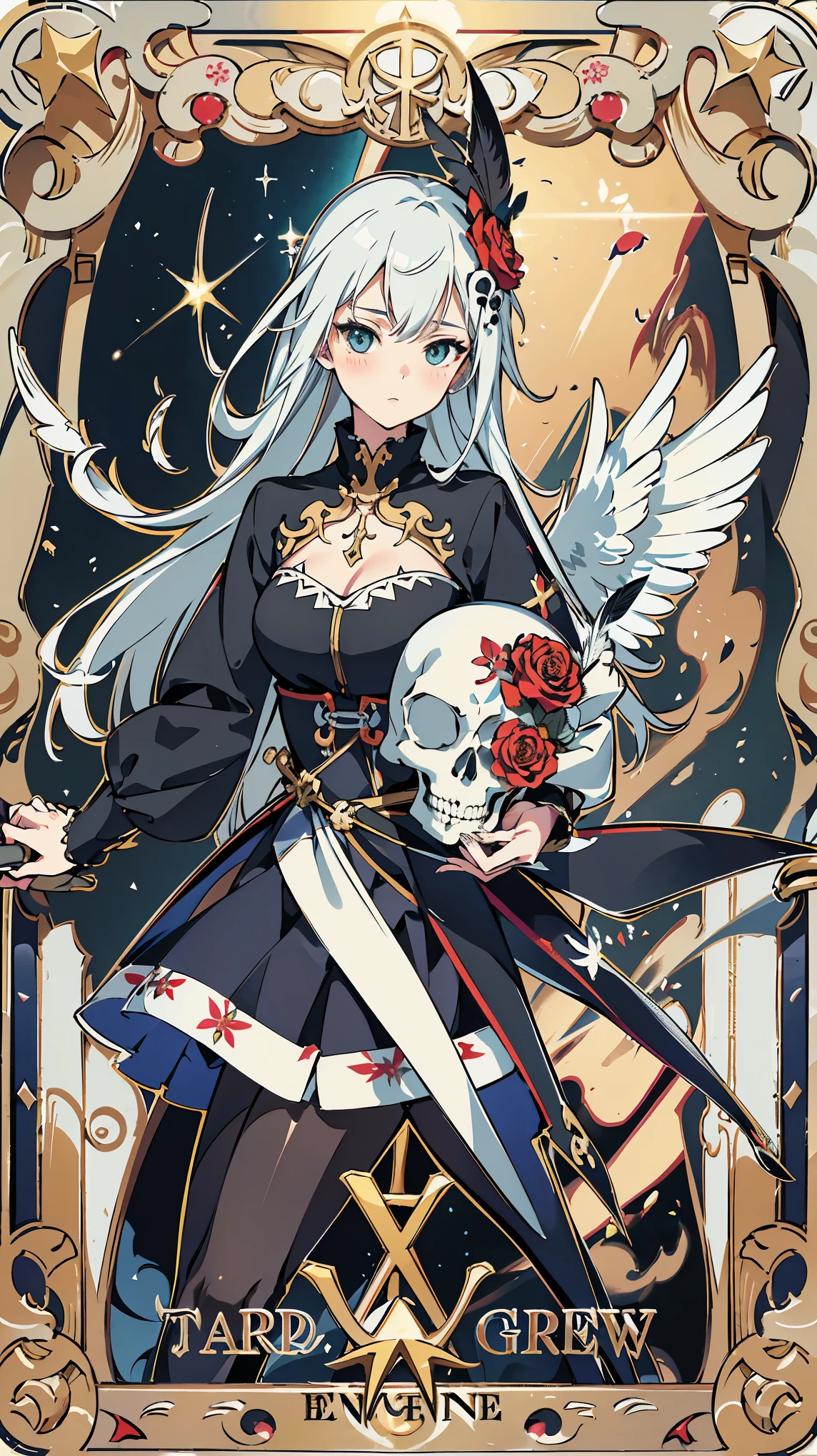 (highest quality, 4k, High resolution, masterpiece:1.2), Super detailed, anime style:1.37, pop art, Delicately painted face, Tarot Card Design, Grim reaper with a scythe, disaster々Shinigami figure, Skull mark, Beautiful detailed wings, dark color, distorted flowers, Fluttering feathers, sparkling background, Natural light, Illustration of movement, Blur, sur genuine, card design,