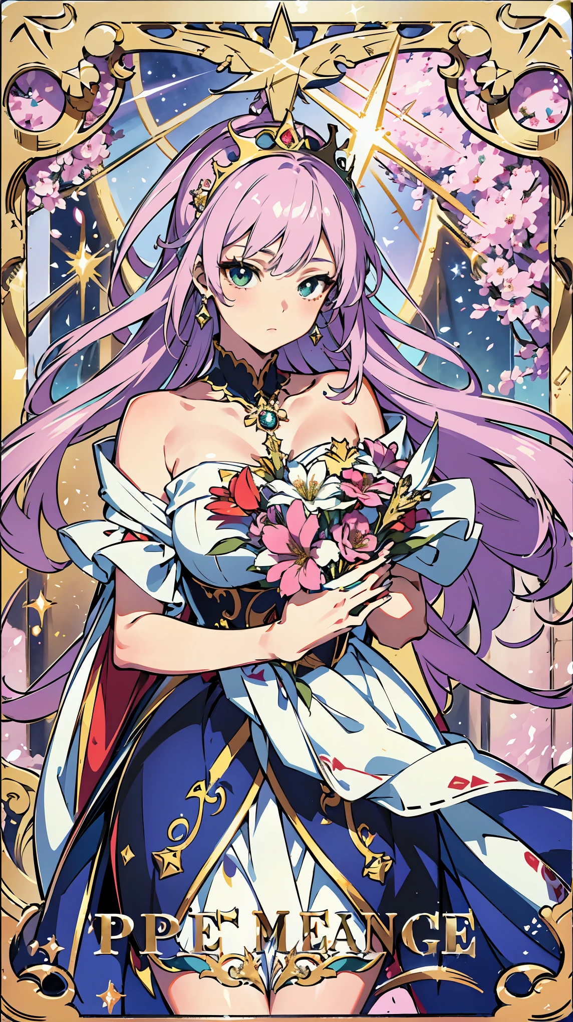 (highest quality, 4k, High resolution, masterpiece:1.2), Super detailed, anime style:1.37, pop art, Delicately painted face, Tarot Card Design, major arcana, empress, Combining dignity and kindness, Beautiful woman, beautiful detailed costume, Glittering decoration, bright colors, Abundant flowers, sparkling background, Natural light, Illustration of movement, Blur, sur genuine, card design,