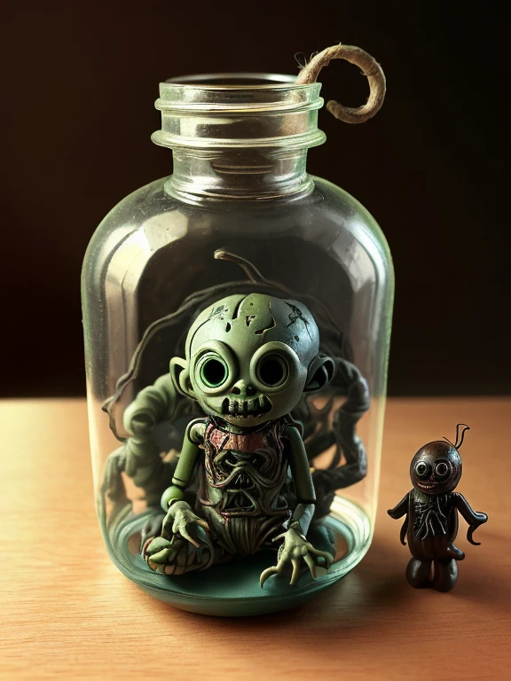 一个神秘的人形生物被困在桌子上的一个瓶子里、恐怖、爬行、非常小的生物、粘土人偶、草娃娃