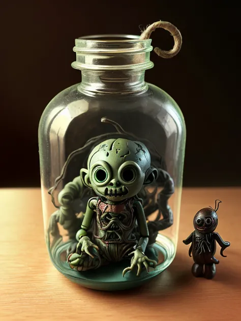 A mysterious humanoid trapped in a bottle on a desk、horror、Creepy、very small creature、Clay Figure、straw doll