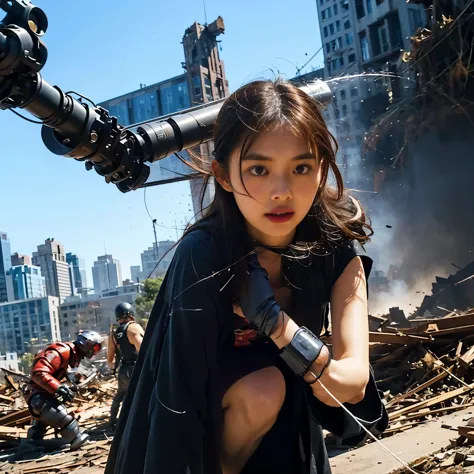 （one young beautiful japanese woman、Several robots destroying the city）、SF、A woman with telekinetic powers、The space around the ...