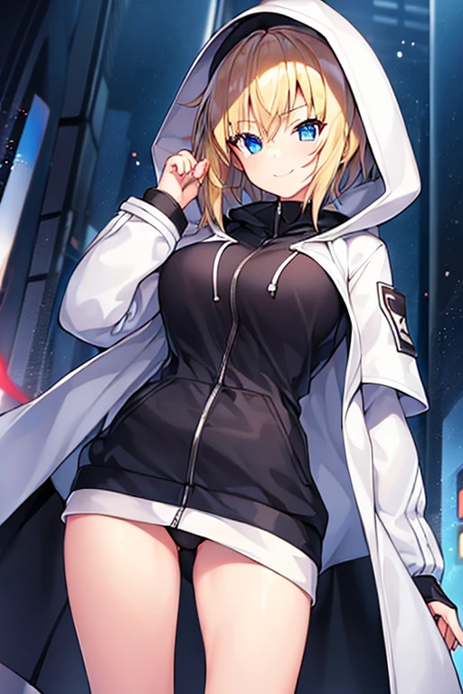 1girl, hood, jacket, hooded jacket, hood on, hood up, blonde hair, blue eyes, large breasts, breasts, white jacket, black shirt, shirt, very short hair, pants, black pants, smile, toned, toned female, urban, mature female, tall, tall female