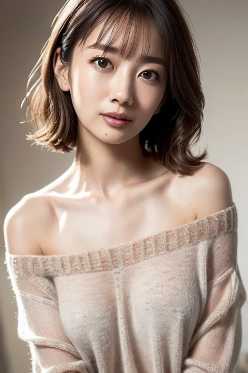 beautiful japanese woman、1 person,very pretty and slim、outstanding style 、((8K image、super high quality))、very delicate face, skin and hair、short hair、straggling hair,(((((gradation hair、blonde))))),Very cute Japanese cut face、Eyes and nose are clearly visible、gentle eyes,(((off shoulder sweater、simple background、looking at the viewer)))