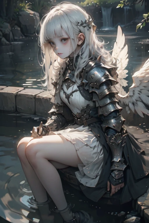 (Angel wings), ((armored dress)), (Small chest:1.1), (Silver long hair:1.3, short bangs), Teenage girl in water surrounded by string, (Baby face:1.1, Neat face, Fairer skin), thighs, A translucent white cloth is wrapped around the body, the_string, Full body shot, (Photorealistic: 1.4), (Highly detailed), (high resolution), (Best quality), (masterpiece)