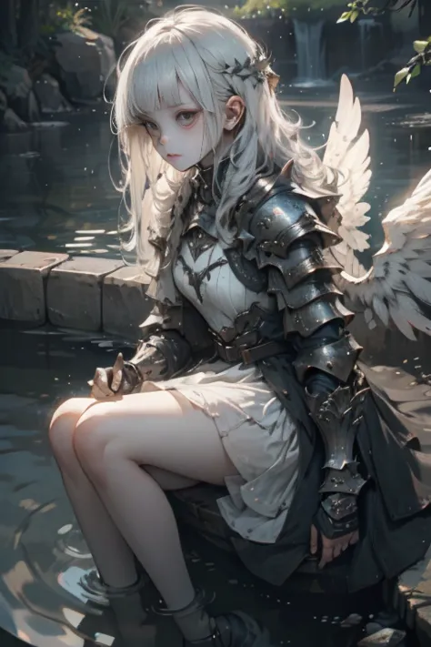 (Angel wings), ((armored dress)), (Small chest:1.1), (Silver long hair:1.3, short bangs), Teenage girl in water surrounded by st...