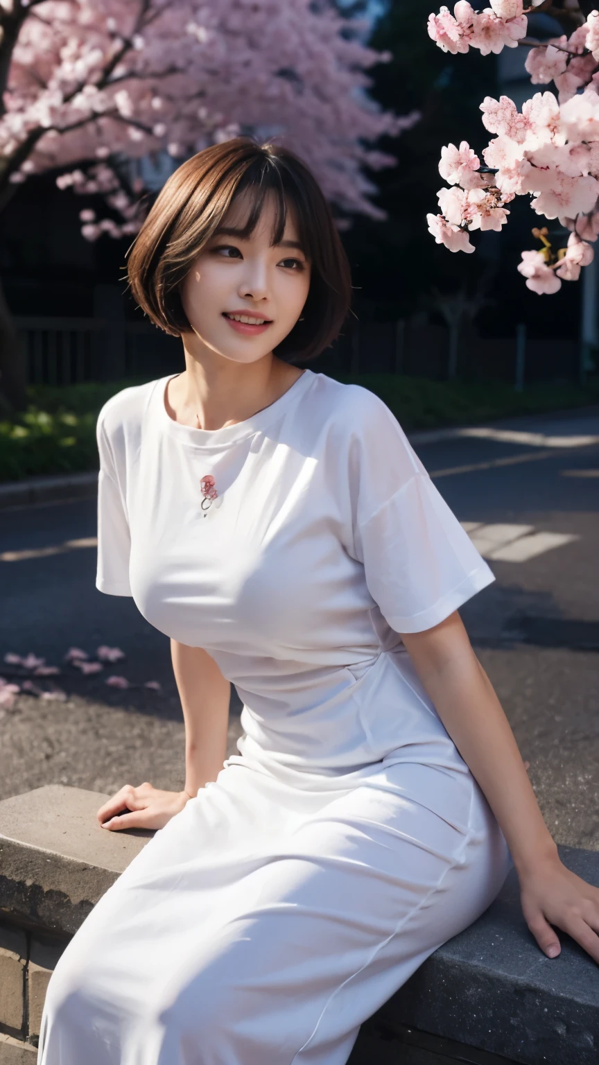 ((best quality, 8 thousand, masterpiece:1.3)), Concentrate upon: 1.2, bee waist, perfect body beauty:1.4, ((layered haircut:1.2)), Highly detailed face and skin texture, White skin, whole body, see it, the gap is big., big bust, Volume, laugh, beautiful teeth, (반팔 long dress t-shirt:1.3), sagging breasts, big bust, (dark night with no one), (dark cherry blossom street:1.3), (sit down), (alone:1.2), long dress t-shirt, (night version