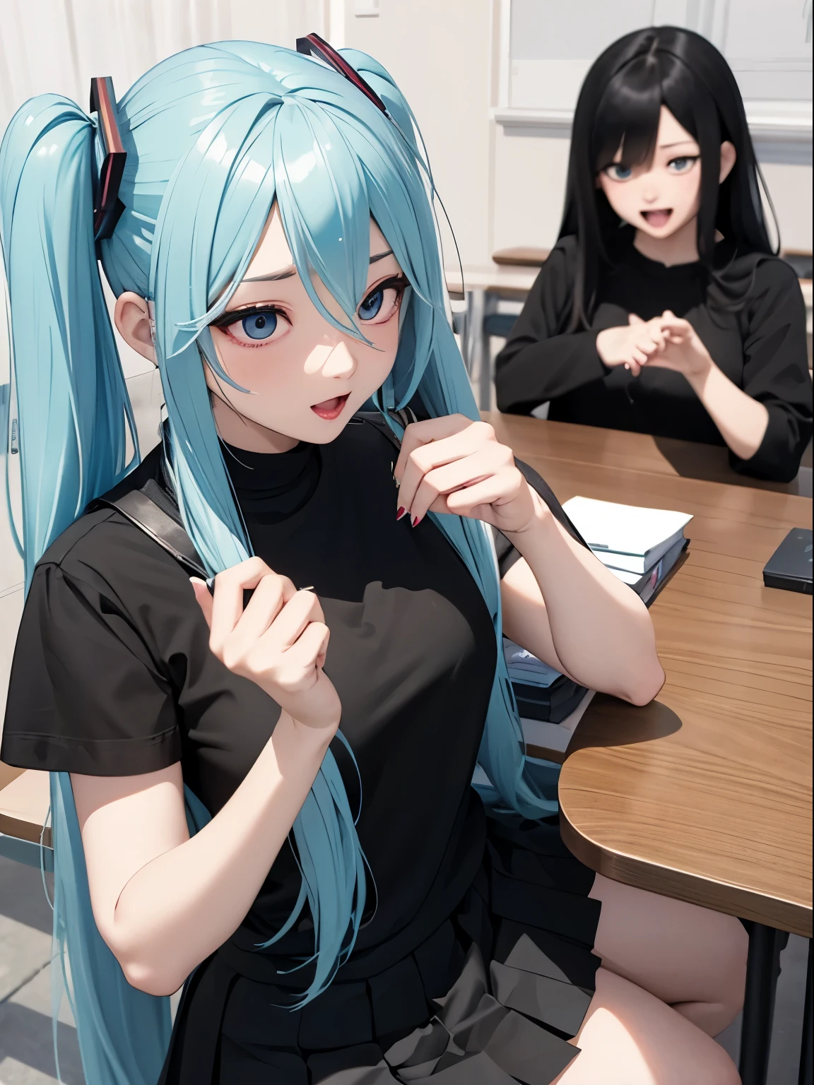 3 women、drunk、cross-eyed、Ahegao、black shirt、pleated skirt、Hatsune Miku、8K high quality、Super realistic details、table top、3D rendering、detailed body、detailed hands、highest quality、best style、bright light、blur the background、student