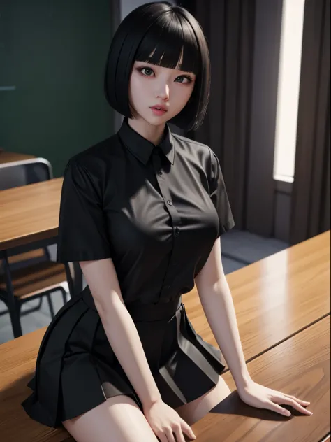 drunk、cross-eyed、Ahegao、black shirt、pleated skirt、bob cut、8K high quality、Super realistic details、table top、3D rendering、detaile...