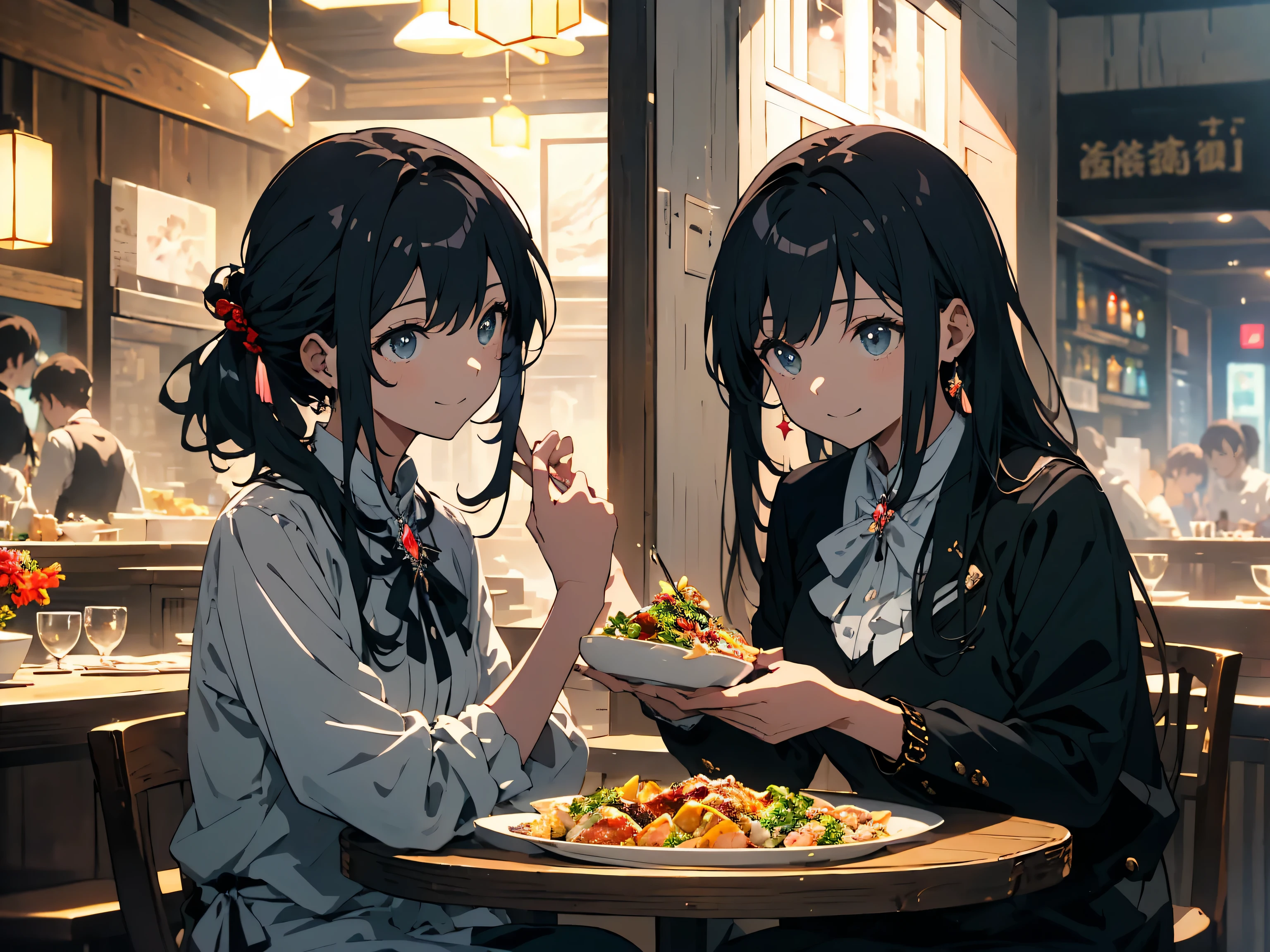 Anime characters sitting at a table eating food in a restaurant - SeaArt AI