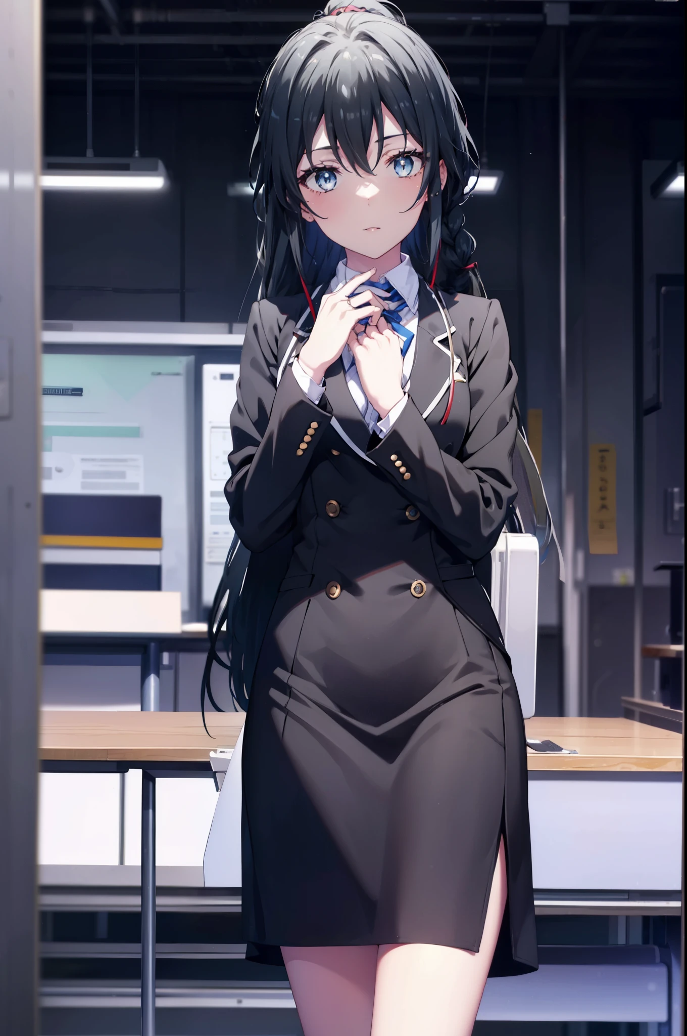 yukinoyukinoshita, yukino yukinoshita, black hair, blue eyes, long hair,short braided hair,ponytail, Ahoge,OL, happy smile, smile, open your mouth,Black Abyss glasses, end, black suit jacket, collared jacket, white dress shirt, collared shirt, neckline, button, strap, ID card on the neck, black pencil skirt, black pantyhose,stiletto heels,Sit on a chair with your legs crossed,There is a computer on the desk.,touch typing,So that the whole body is included in the illustration,
break outdoors, city,building street,
break looking at viewer, (cowboy shot:1.5),
break (masterpiece:1.2), highest quality, High resolution, unity 8k wallpaper, (shape:0.8), (fine and beautiful eyes:1.6), highly detailed face, perfect lighting, Very detailed CG, (perfect hands, perfect anatomy),