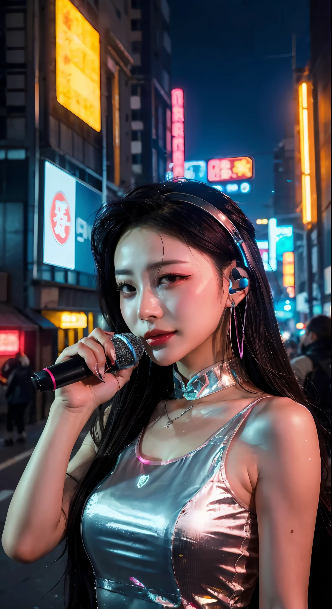 Singer, microphone in hand, cyberpunk microphone, singing, 1 girl, Chinese_clothes, liquid silver and pink, cyberhan, cheongsam, cyberpunk city, dynamic pose, glowing headphones, glowing hair accessories, long hair, glowing earrings, glowing necklace, cyberpunk, high-tech city, full of mechanical and futuristic elements, futuristic, technology, glowing neon, pink, pink light, transparent tulle, transparent streamers, laser, digital background urban sky, big moon, with vehicles, best quality, masterpiece, 8K, character edge light, super high detail, high quality, the most beautiful woman in human beings, micro smile, face left and right symmetry, ear antenna, beautiful pupil light effect, visual data