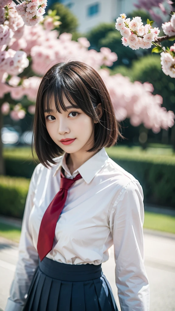 Close-up of a woman posing for a photo, the most beautiful japanese models, 17 year old female model, 4k、bangs、(blonde), short bob hair, 非対称なbangs, straight hair、(white shirt, red tie , dark blue pleated skirt:1.2),　(Super cute face with idol style:1.4), whole body, slim and beautiful body, sexy, beautiful breasts, laughter, The background is a row of cherry blossom trees, (Raw photo, highest quality, masterpiece, super detailed, ultra high resolution, realistic),