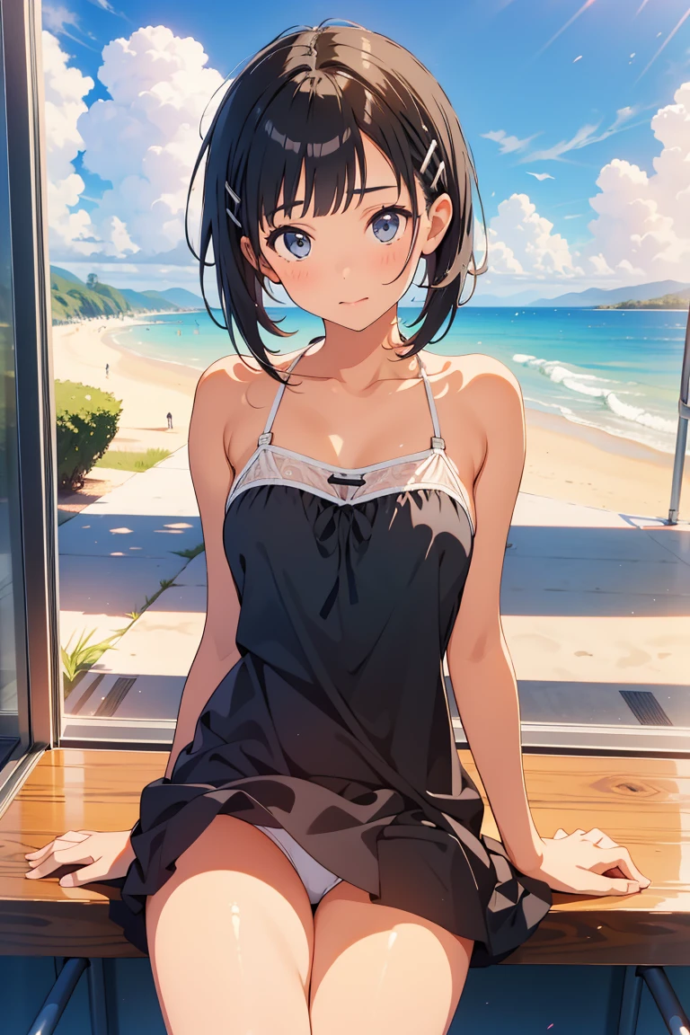 summer dress , Naoha Kirigaya、1 girl, bob hair, black hair, hair clip, masterpiece,Tanning in school swimsuits