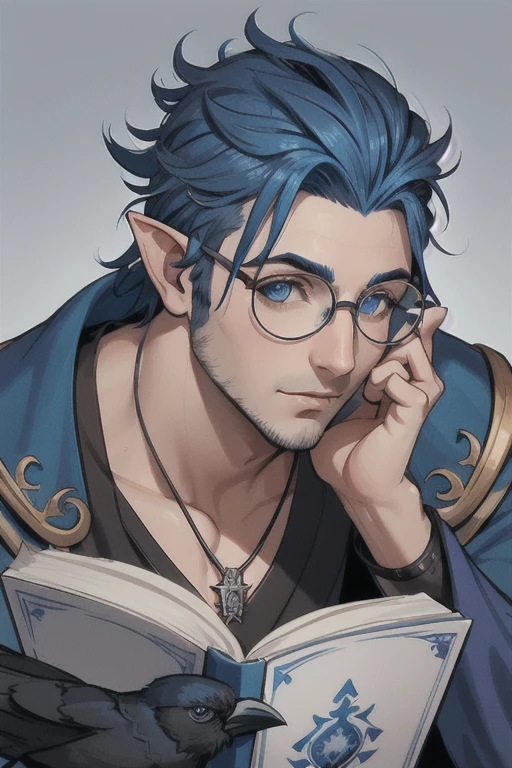 Elfo masculino de rosto longo, orelhas longas e pontudas, with blue eyes sporting a blue mohawk falling forward from his face to the left. Ele usa adornos como brincos de prata , a crow pendant and round reading glasses. 