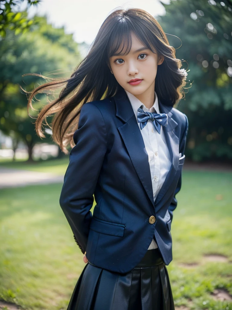 (masterpiece, highest quality:1.4), award-winning portraits, 8K, 85mm, alone, beautiful face, delicate girl, , (dark navy blazer jacket, turn your arms behind your back, close your face:1.2), dark navy skirt, long sleeve, violaces, gardenia, grace, Sophisticated, cute, teen, looking at the viewer, 15 years old, Raw photo, disorganized, HDR, sharp focus, A bow tie, background bokeh、(((flat 、thin and delicate body、A childish atmosphere)))、shiny semi-long hair、Mole on the left cheek、large, round, dark blue eyes、(knee shot)、the skirt is swaying in the wind、((Uplifting、come running to me、hair waving in the wind))、