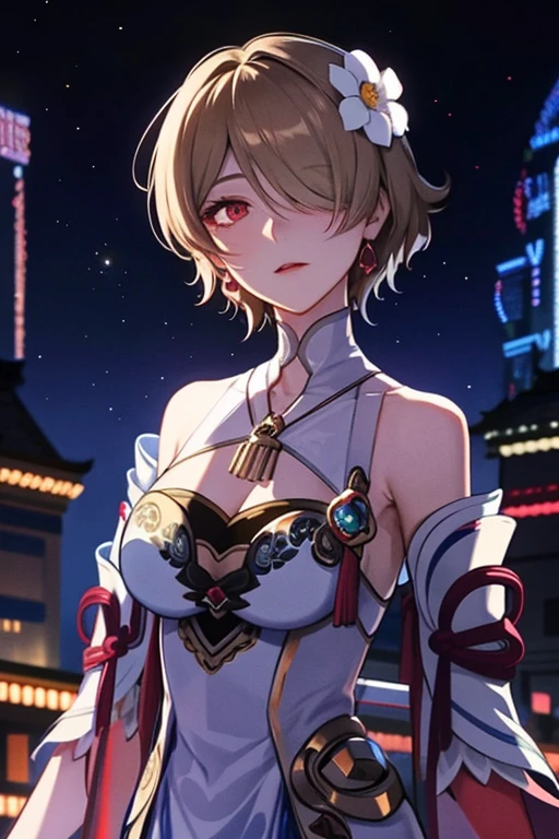 rita rossweisse, dress, choker, brown hair, short hair, detached sleeves, hair over one eye, eyes visible through hair, hair flower, blue rose, red eyes, swept bangs, asymmetrical sleeves, mole under eye, Bustling night market filled with colorful lights