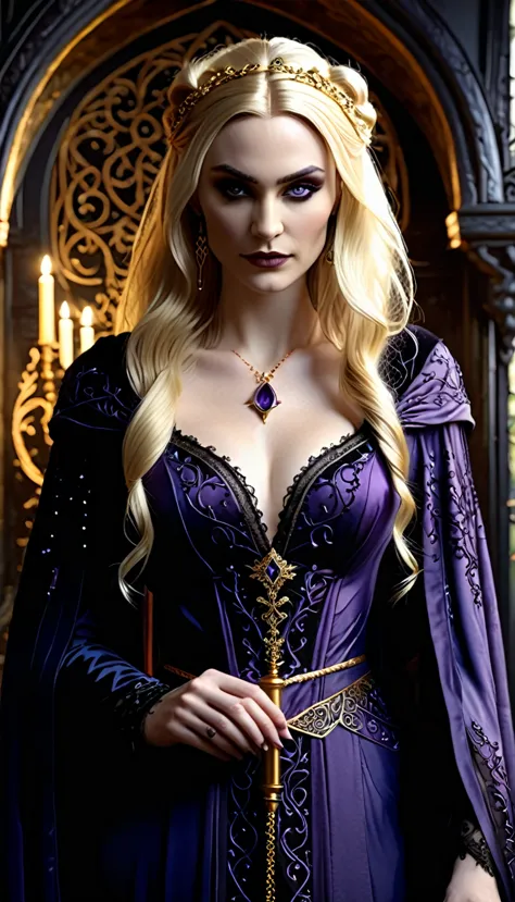 (draft_sheet), stunning front view of morgana, a cunning gothic witch with flowing blonde hair., her amethyst robe has intricate...