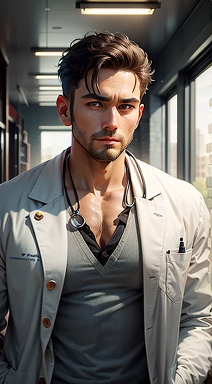 (best quality,sharp focus,ultra-detailed,masterpiece:1.2),a 34-year-old man,handsome,cool,brown-skinned,wearing white doctor's c...