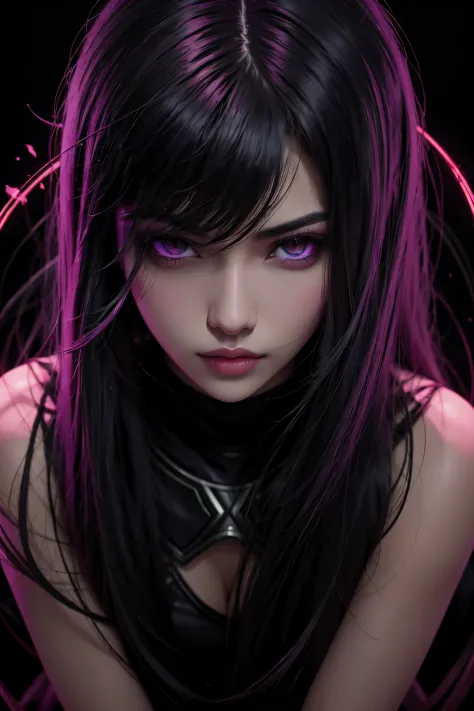 1girl, akali, kda, akali league of legends, star eye, blush, perfect illumination, black hair, red eyes, unreal engine, sideligh...