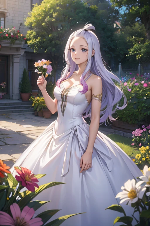 (best quality,4k,8k,highres,masterpiece:1.2),ultra-detailed,realistic,photorealistic:1.37,Mirajane Strauss with a beautiful smile,sexy bodycon dress, sparkling eyes, sleek long hair flowing in the wind, a confident and alluring stance, in a vibrant and colorful garden, surrounded by blooming flowers. The sunlight casting a soft glow on her flawless skin, emphasizing her stunning features. She exudes grace and elegance, with a touch of mystery. The dress fits her like a second skin, accentuating her curves and highlighting her feminine charm. The intricate details of the dress enhance its luxurious and eye-catching appeal. The garden is filled with a variety of flowers in vivid hues, creating a captivating and enchanting atmosphere. The scene is bathed in warm, golden light, adding a touch of magic to the overall composition.