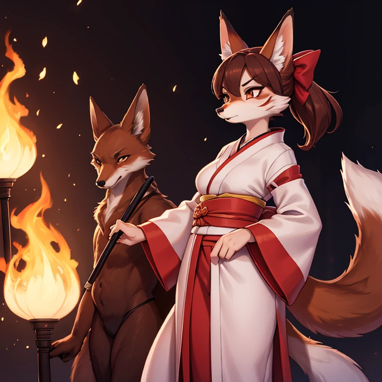 Tall mature fox woman in light brown color with a red bow on the back of her head wearing a white kimono and pink details holding a long cane that is shaped like a fox on the top of the cane, dark brown hair is has a white and red fox mask on his face his hair is messy as is his kimono and fire is coming out of his surroundings, expression of fury