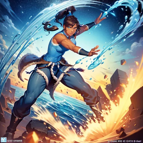 korra, dark skin, dark-skinned female, ponytail, muscular female, high quality, detailed, high resolution, masterpiece, anatomic...