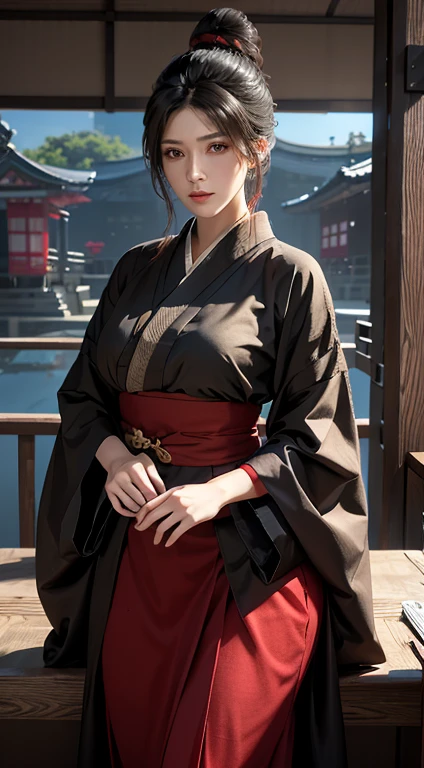 photorealistic, high resolution, 1women, mature female, solo, hips up, black hair, emma \(sekiro\), japanese clothes, kimono, single hair bun, haori, mature female