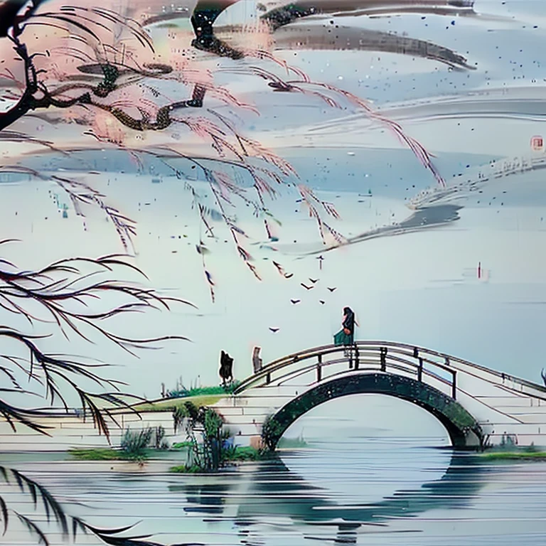 calma hermosa escena con lago y cielo, arte de tinta china antigua, flor de melocotón, Atmósfera pacífica, primavera, sauces en la orilla del lago
