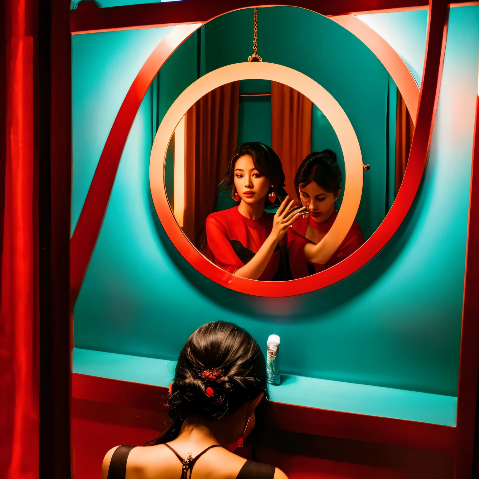 امرأة تأخذ في المرآة, فان تشي, الأرابيسك, أحمر, صورة ثلاثية الأبعاد