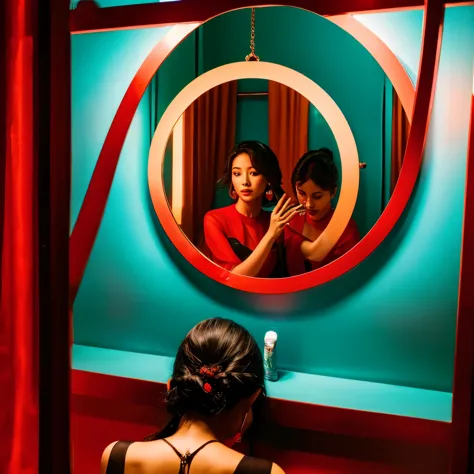 a woman taking in a mirror, fan qi, arabesque, red, a hologram