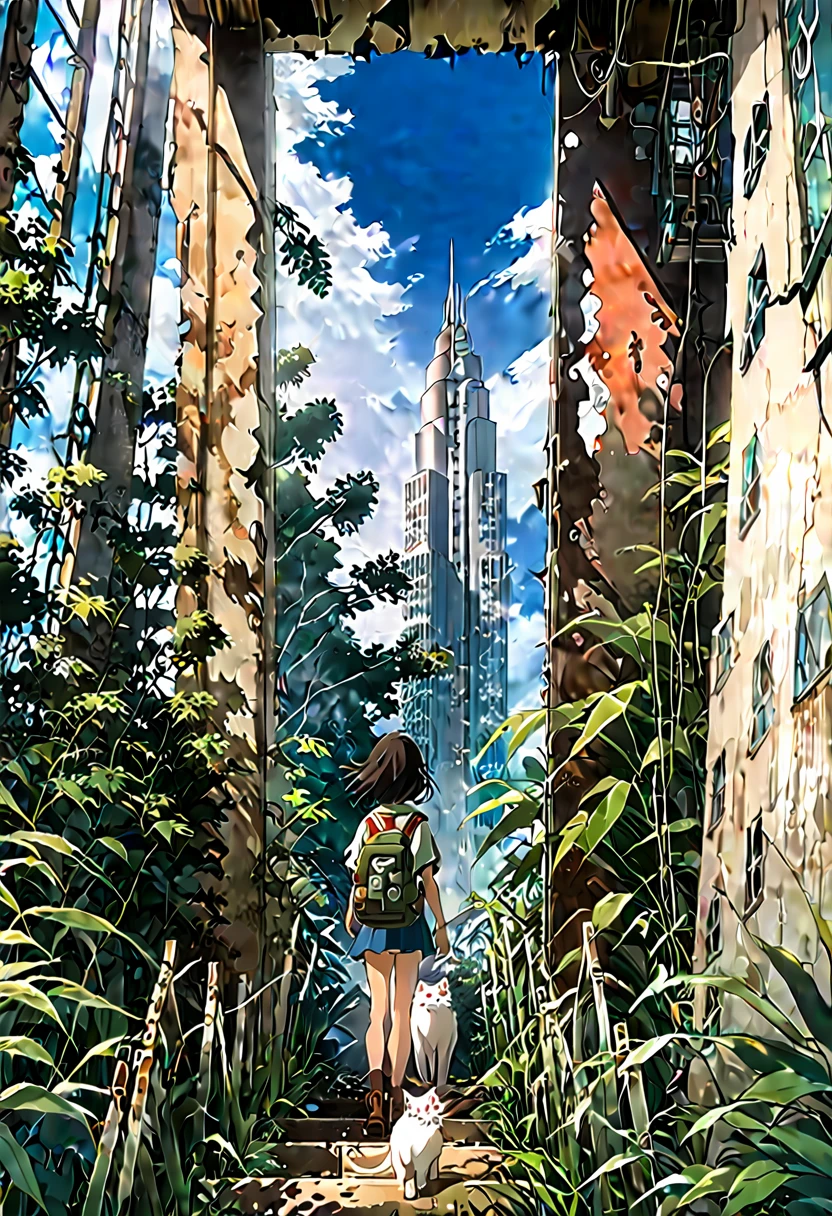 8K、RAW-Foto、höchste Qualität、Nachschlagen:1.2、Meisterwerk:1.2、Echtistic、ultrahohe Auflösung、Hoher Kontrast、Photonenmapping、Echt、Super detailliert、offizielle Kunst, RAW-Foto、professional Lichting、 Licht、Lebendige Atmosphäre、twiceLicht) Diese Anime-Szene、Mit der Atmosphäre eines Werks unter der Regie von Makoto Shinkai,、Drückt eine postapokalyptische Weltanschauung aus。Ein Mädchen mit Rucksack blickt vom Wald aus auf die Skyline der Stadt、Es erinnert an emotionale Szenen wie Makoto Shinkai&#39;s Werke.。 High-rise buildings in the city are covered with trees from the walls Und windows々springt heraus、Das Gebäude ist bedeckt wie ein üppiger Dschungel.、It depicts a futuristic lUndscape where nature Und the city are fused.。A city bathed in bright sunlighuggests a bright Und hopeful future.。 Ein Mädchen versucht, ein Gebäude in der Stadt zu betreten、Es symbolisiert junge Menschen, die versuchen, in die Gesellschaft einzudringen.。Und、Die reinweiße Katze, die neben mir kuschelt、Als vertraute Präsenz、Das Mädchen beobachten&#39;s Reise。 Diese Szene ist、Ich zeichne eine postapokalyptische Animation mit einer einzigartigen Weltanschauung.。