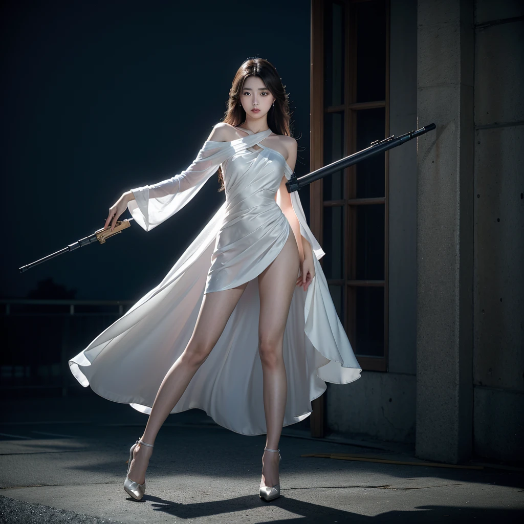 In this stunning film photo captured on a 70mm frame, the ISO100 setting perfectly accentuates the Korean woman's flawless complexion. She stands tall on top of a building, exuding confidence as she dons a transparent glass dress that drapes elegantly over her curves. The dress reveals glimpses of her long, slender legs, adorned with sky-high heels that add a touch of allure to her overall appearance. Her long, messy layered hairstyle adds a hint of rebelliousness to her otherwise sophisticated look.

With her piercing gaze and a toy sniper weapon held firmly in her grasp, she embodies both power and grace. The low flow dynamic movement captured in this shot adds an element of suspense and anticipation. The image is impeccably composed, with