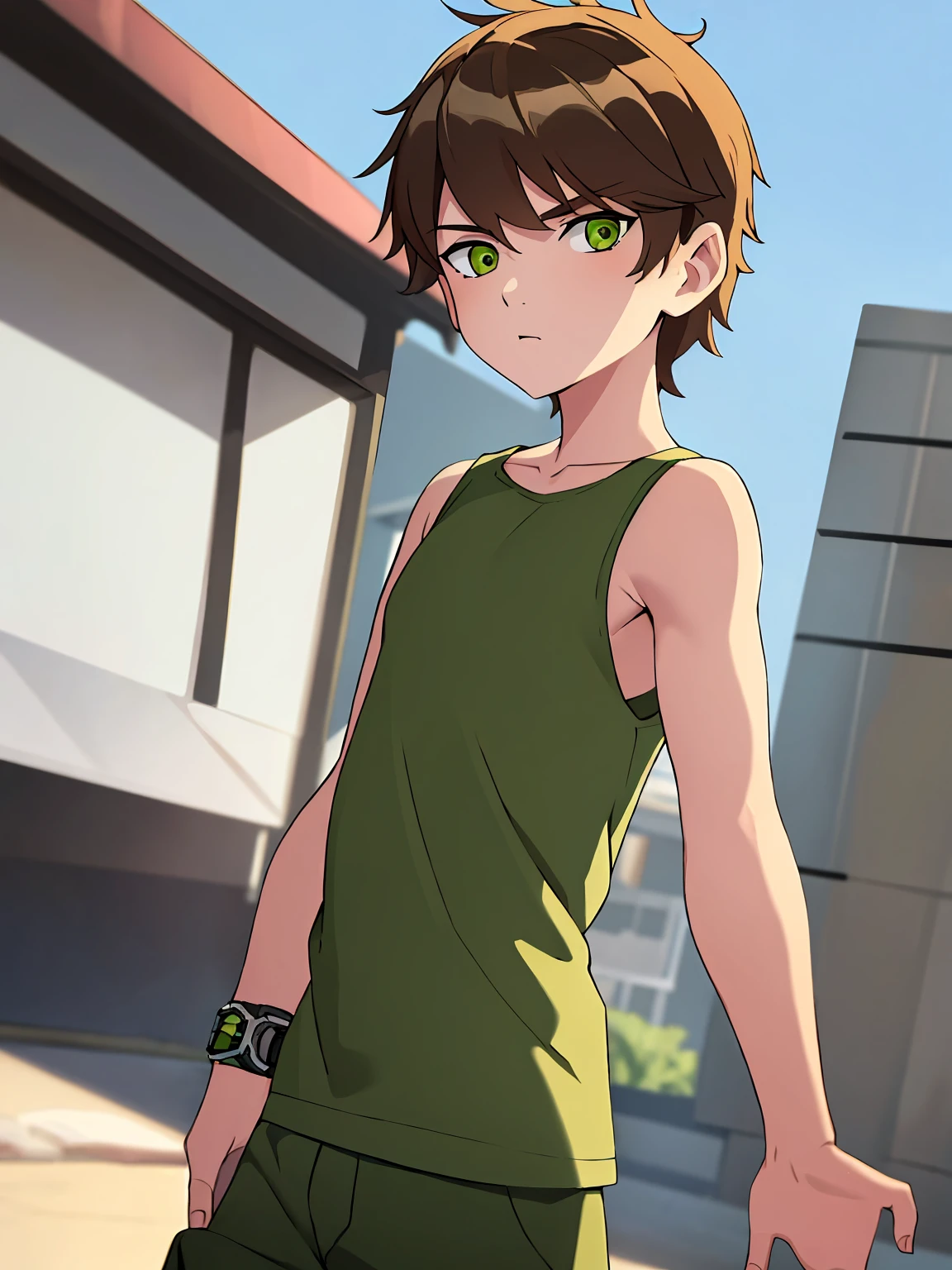 Highres, Masterpiece, Best quality at best,Best Quality, 1boy, bentennyson, green eyes, cargo pants, tank top, close-up the body, upper body, the day, summer