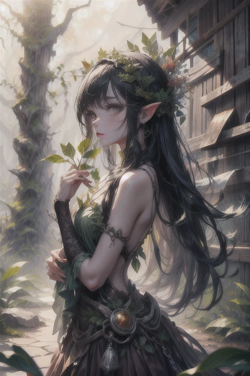 Dryad girl with green plant texture skin, muchas enredaderas y ramas que parecen pelos que caen, (cara proporcional), (Pecho mediano: 1.4), muy detallado, Muchas plantas y flores cubren partes del cuerpo., bosque cubierto de musgo, retrato de cuerpo completo (1:1), (Sensitive images), high resolution, (Fotorrealista: 1.6), (alto nivel de detalle), (Mejor calidad), (obra maestra)