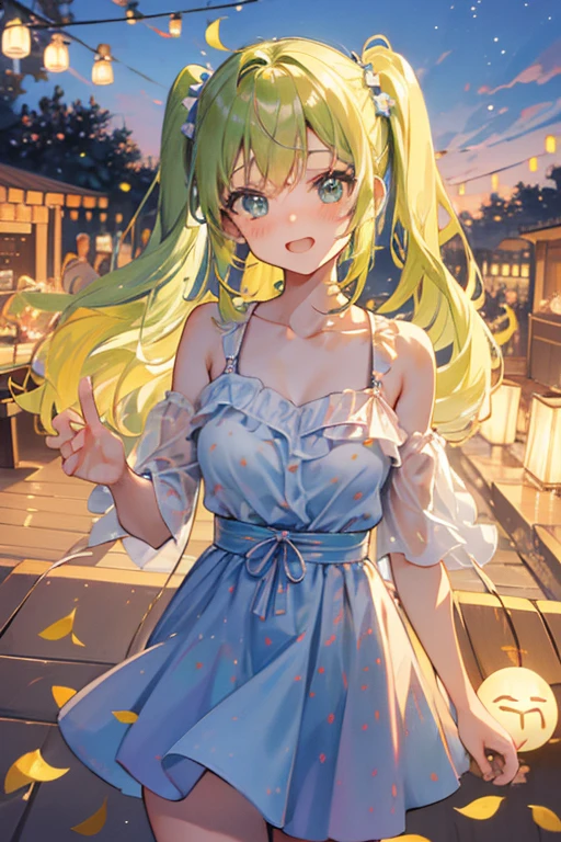 (rainbow colored hair, colorful hair, Half green、half yellow hair: 1.2), ,long hair、(Cinematic digital artwork: 1.3), high quality, table top, Turquoise eyes、Highest quality, Super detailed, figure, [4K Digital Art]!!、 Kyoto animation style, one woman, The beauty of clavicle, clavicle, light, want, , positive, Dead leaves dance、（Ocean、sandy beach）、full moon、On a tree-lined street、taking a walk、((green、trendy clothes))、（（Scarlet、Street trousers、Polka dot unset, motivation, shine, dynamic perspective、Blue glasses、Green ribbon、twin tails、embarrassed face、cute face、happy face