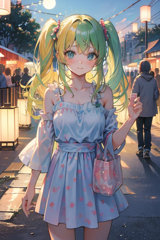 (rainbow colored hair, colorful hair, Half green、half yellow hair: 1.2), ,long hair、(Cinematic digital artwork: 1.3), high quality, table top, Turquoise eyes、Highest quality, Super detailed, figure, [4K Digital Art]!!、 Kyoto animation style, one woman, The beauty of clavicle, clavicle, light, want, , positive, Dead leaves dance、（Ocean、sandy beach）、full moon、On a tree-lined street、taking a walk、((green、trendy clothes))、（（Scarlet、Street trousers、Polka dot unset, motivation, shine, dynamic perspective、Blue glasses、Green ribbon、twin tails、embarrassed face、cute face、happy face