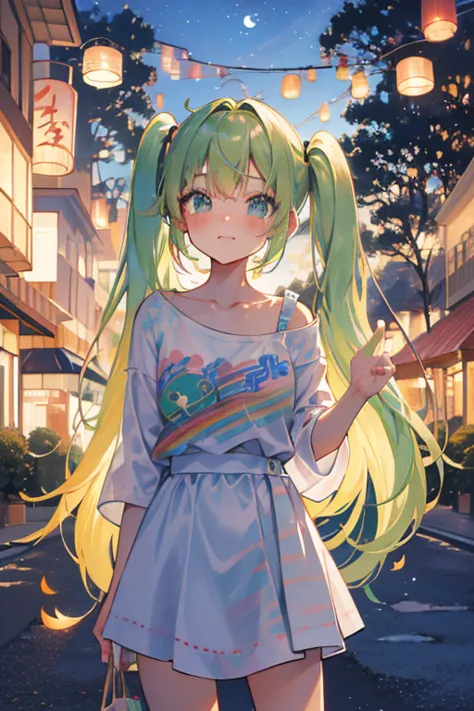 (rainbow colored hair, colorful hair, 半分はgreen、half yellow hair: 1.2), ,long hair、(cinematic digital artwork: 1.3), high quality...