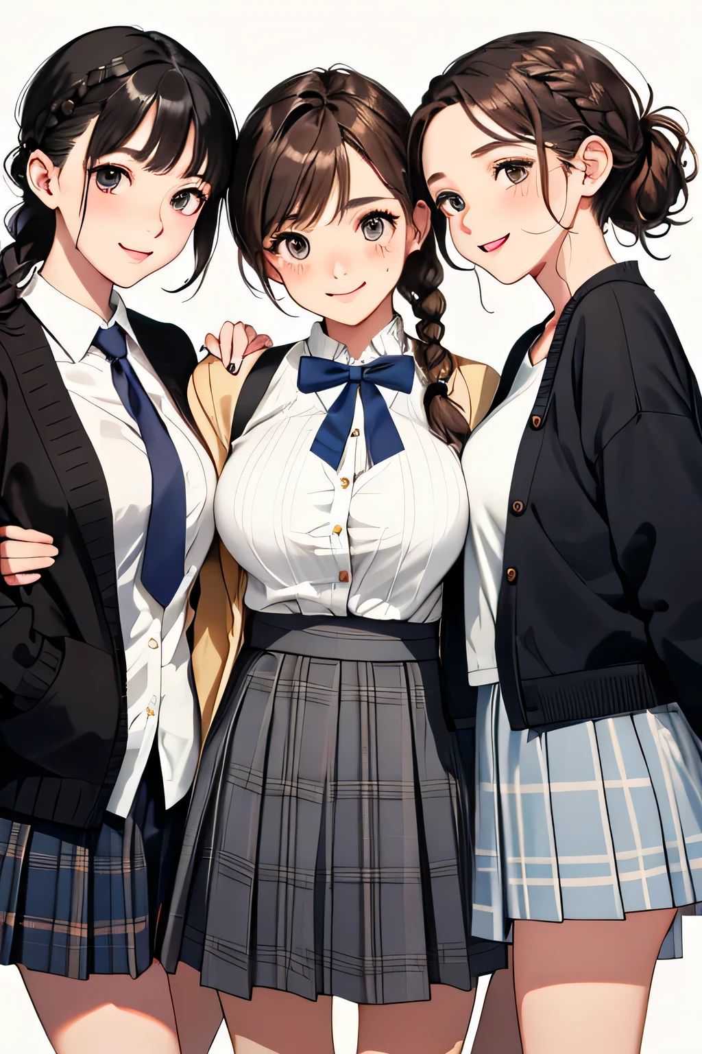 (highest quality:1.4)、ultra high resolution、detailed background、masterpiece、Photoreal、anatomically correct、detailed face、(Detailed beautiful face:1.3)、cute teenage girl、brown hair or cute hair color、braided bob、braided ponytail、braided hairstyles、(huge breasts:1.3)、realistic、perfect body line、Charm、
sailor suit、pastel colored school cardigan、plaid pleated mini skirt、white knee high socks、Absolute area、emphasize the chest、emphasize cleavage、cowboy shot、
(Three female friends look at each other with happy expressions:1.5)、
on the way to school、Wait for the train at the station platform、A big smile、sexual expression、playful atmosphere、Looks like a really fun atmosphere、cute gesture、cute colored hair accessories、cute